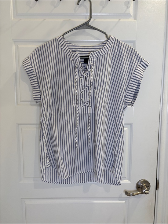 J. Crew Tops - J.Crew Blue White Striped Lace Up Blouse Size 2 Cotton Popover Top